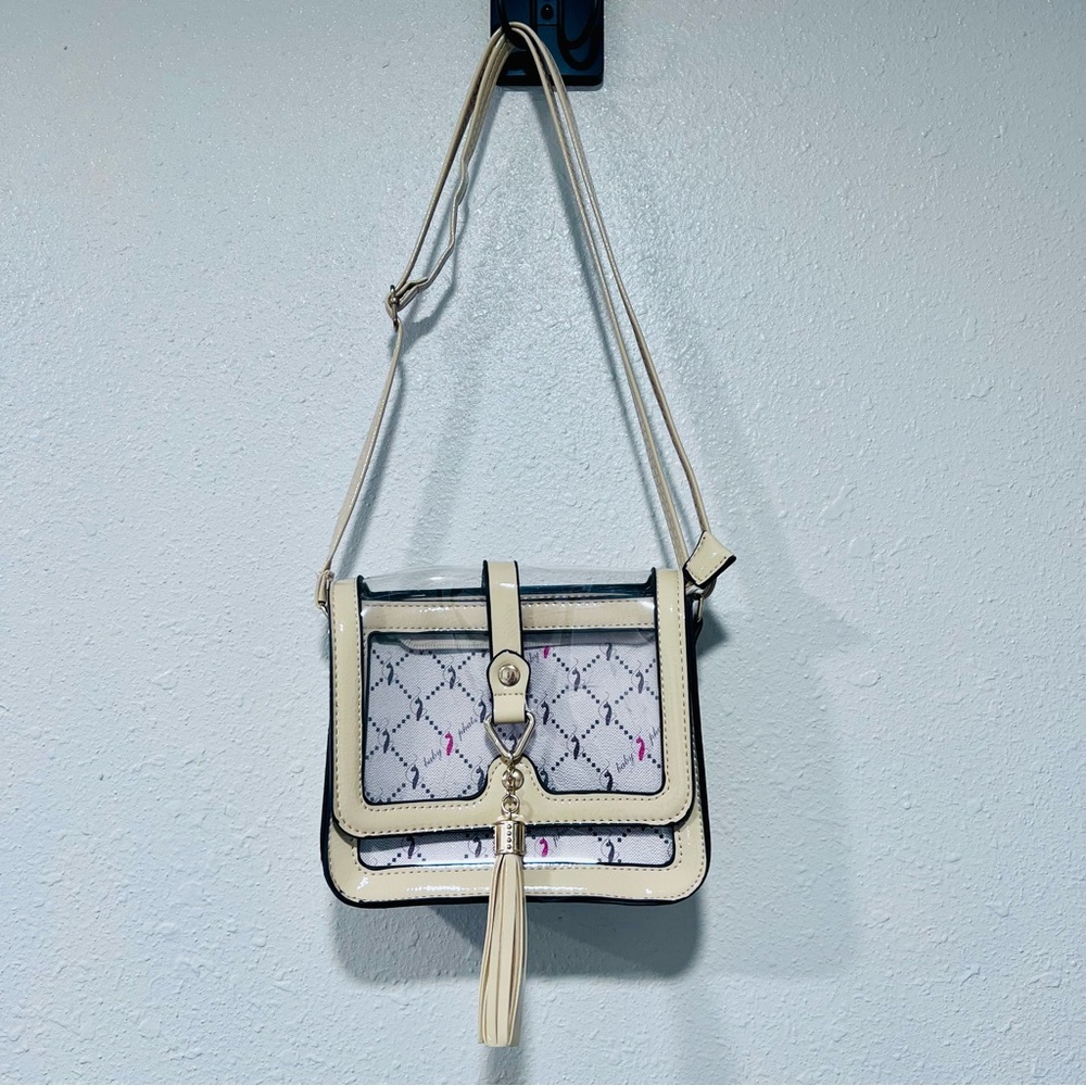 Baby Phat Y2K Monogram Clear Canvas Faux Leather Trim Crossbody Bag Purse Tassel